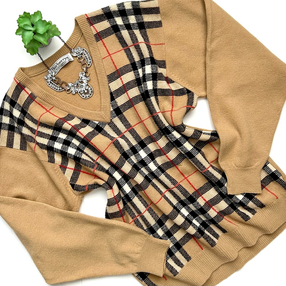 Vintage Burberry Burberrys Sweater Wool Camel Tan Nova Check Plaid V-Neck